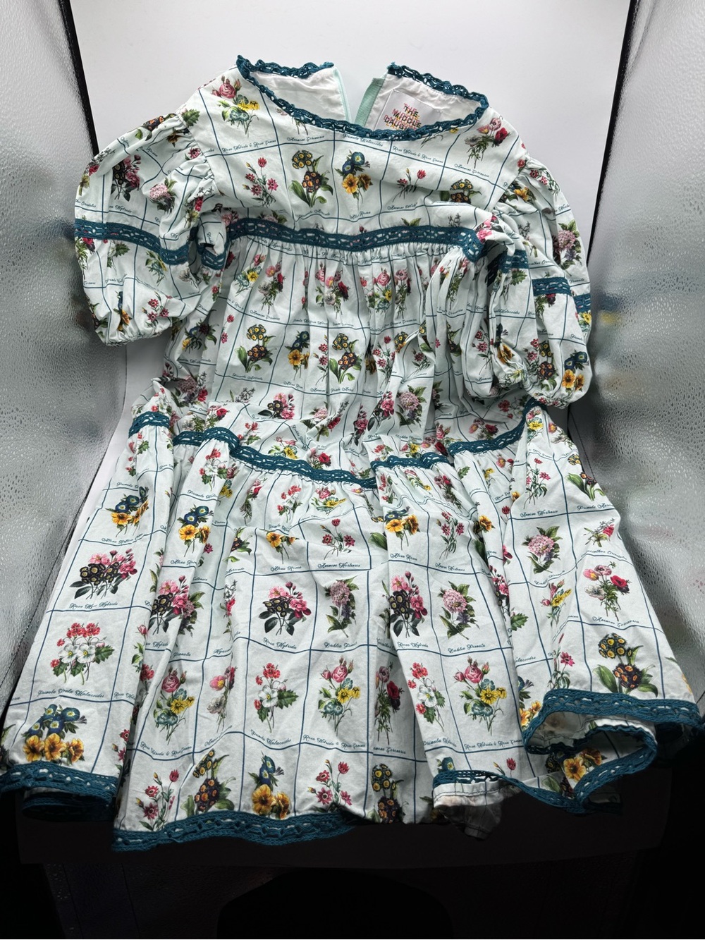 Girls' Floral Windowpane Casual Dress with Teal Trim